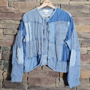 Marshall Rousso Vintage Patchwork Blue Chambray Knit Cardigan size Large